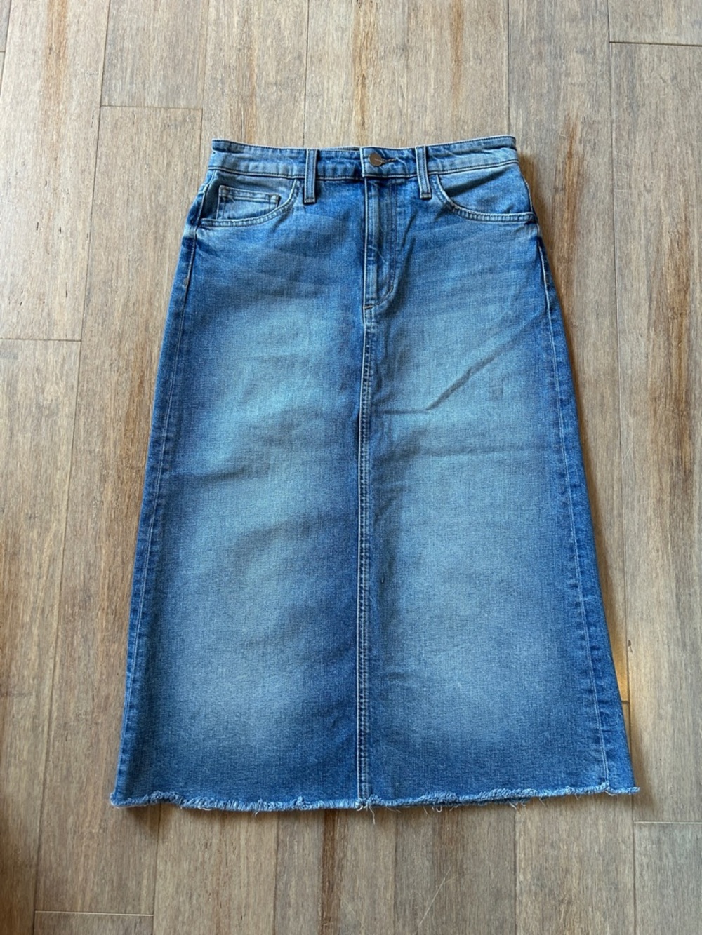 Joe's The A Line Denim Midi Length Skirt raw hem 28 elastic stretchy denim